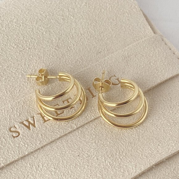 [18k Gold Plated] Triple Line Stud Earrings - Picture 5 of 9